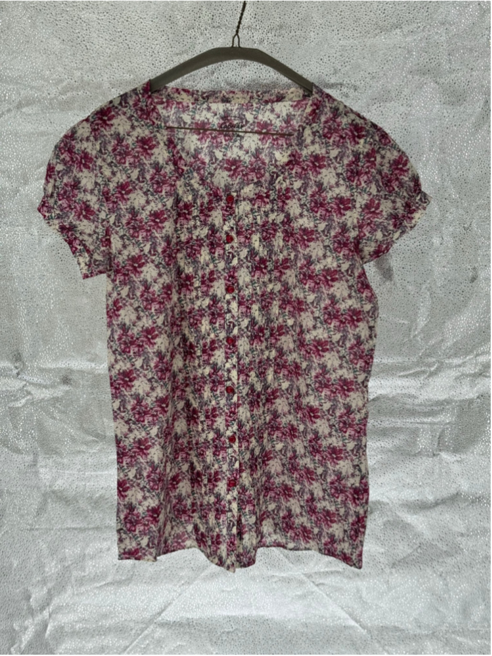 Women's Cabela's Floral Blouse Size M White Pink Short Sleeve Button Down